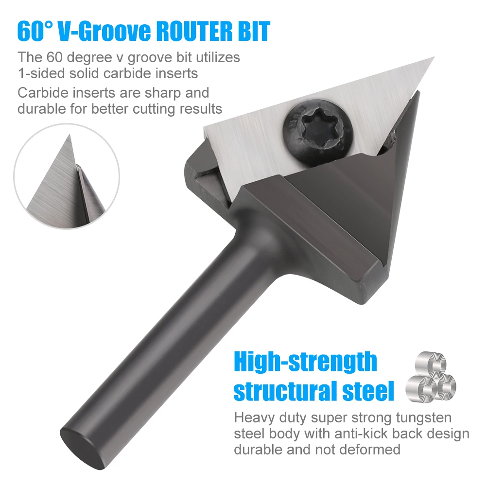 V-Groove Slotting Router Bit 60 Degree 6.35mm Shank Spoilboard Surfacing Router Bit with Insert Chamfering 3D Engraving Cutter