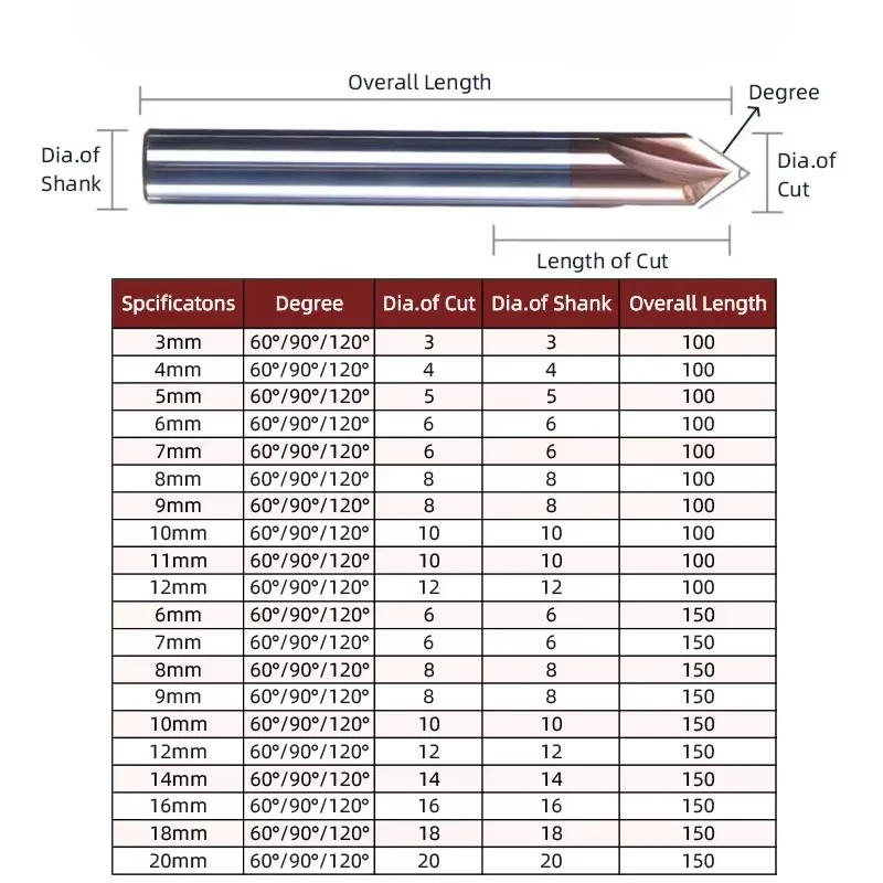 WOY Chamfer Cutter Long Length 100mm 150mm Carbide Extended 3F V Milling Countersink CNC 60 90 120 Degree Deburring Edges