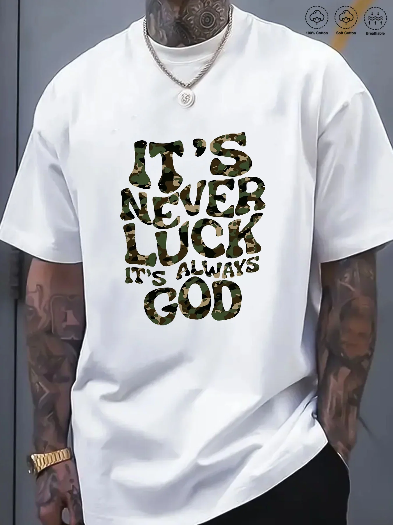 

Мужская футболка больших размеров с рисунком «It's Never Luck It's God's Plan», футболка свободного кроя из 100% хлопка с короткими рукавами и жирным белым принтом