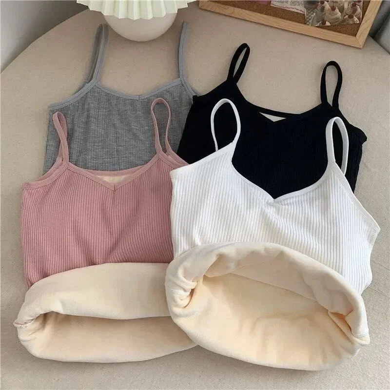 Solid Unwear Warm Camisole Thermal Winter Bottoming Thickened Top Vest Women Color Underwear Sling Plush Velvet Clothing