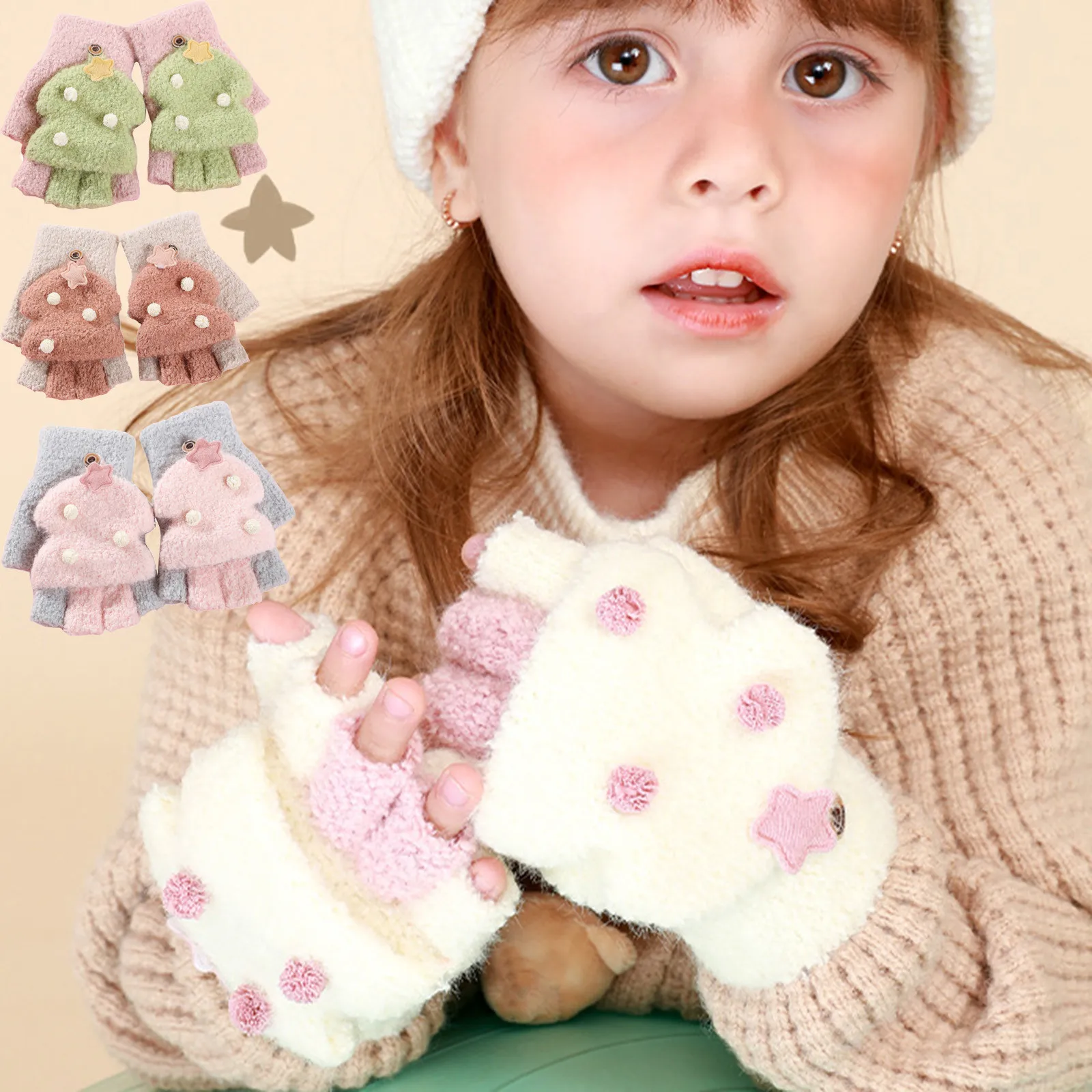 

Christmas Children Gloves Cute Flip Top Fingerless Plush Knitted Comfortable Warm Fleece Lined Thickened Cold Proof Gloves