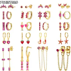 925 Sterling Silver Needle Luxury Red Zircon Earrings Charms Heart Pendant Hoop Earrings for Women 2025 Trendy Wedding Jewelry