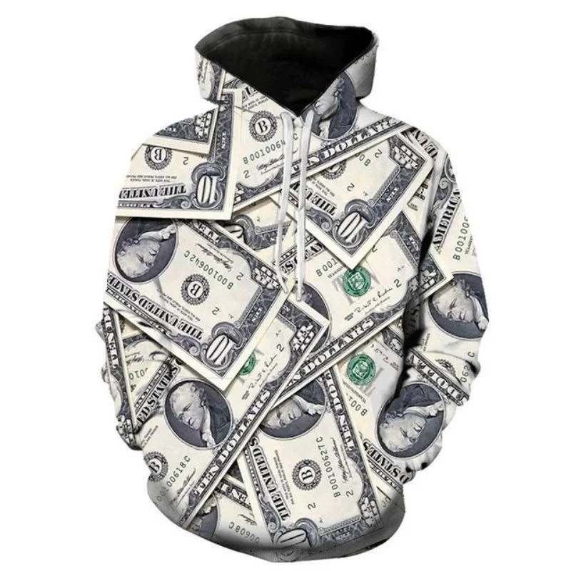 

3D Printed Dollar Bill Hoodies For Men Personality Pattern Pullovers Casual Harajuku Hooded Loose Tops Sweatshirts Long Sleeves