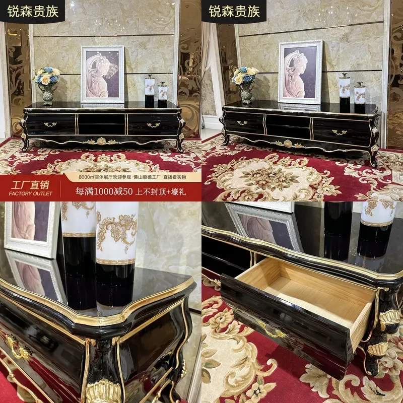 For French Style TV Stand and Coffee Table Combo European Solid Wood Floor Cabinet for Small Apartment Living Room Bedroom