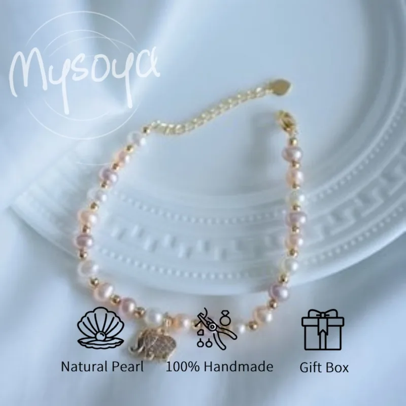 

MYSOYA белый, фиолетовый и розовый пресноводный жемчуг, браслет-подвеска в виде слона 5-6 мм с подарочной коробкой для нее/юма, дня рождения/свадебного подарка