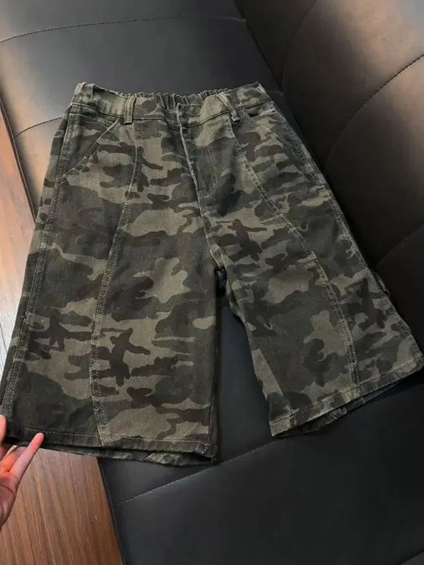 

Retro American Camouflage Denim orts Men's Summer Deconstructed Patchwork Logging Work Pants Cleanfit Five-Quarter Length