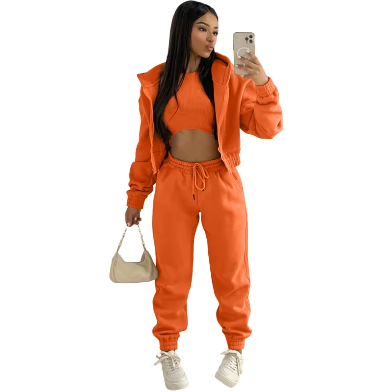 

Women 3 Piece Sets Casual Long Sleeve Zip Hoodies+Ribbed Tank+High Waist Sweatpants Jogger Pant Suits Sporty Three Pieces Outfit