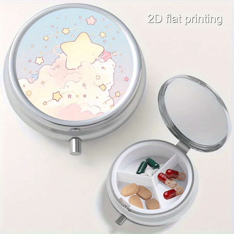 This Integrated Round Metal Box Features a Creative Meteor Cloud Design and Has Three Internal Compartments. This Mini Portable Metal Box Is Perfect for Storing Vitamins and Nutritional Supplements, Making It Ideal for Home, Outdoor, and Travel Use. It Is