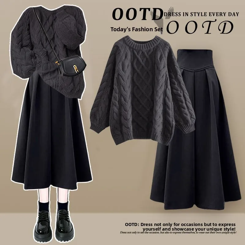 

Autumn Knitted Set Women's plus Size Lazy Sle A-Line Skirt Two-Piece Suit Faionable Casual Wear for Young Adults