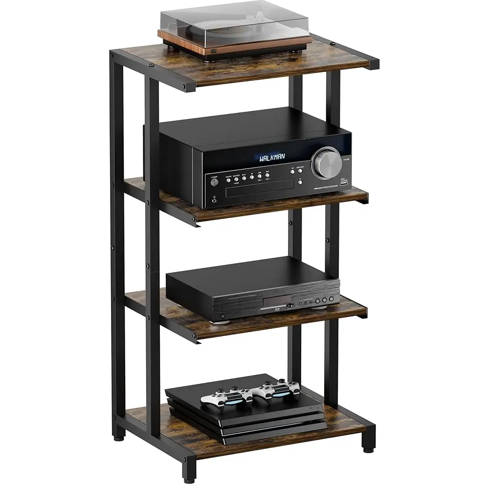 4-Tier Wooden Media Stand, AV Media Stand Corner Shelf for TV Accessories/Audiovisual Equipment/Optical Disc/PS4, Audio Stora