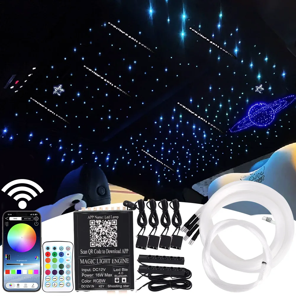 

Светодиодная RGB-подсветка для потолка автомобиля «Звездное небо» с оптоволоконными лампами, дистанционным управлением, управлением через приложение и голосовым управлением, 16 Вт, эффект мерцающего звездного неба