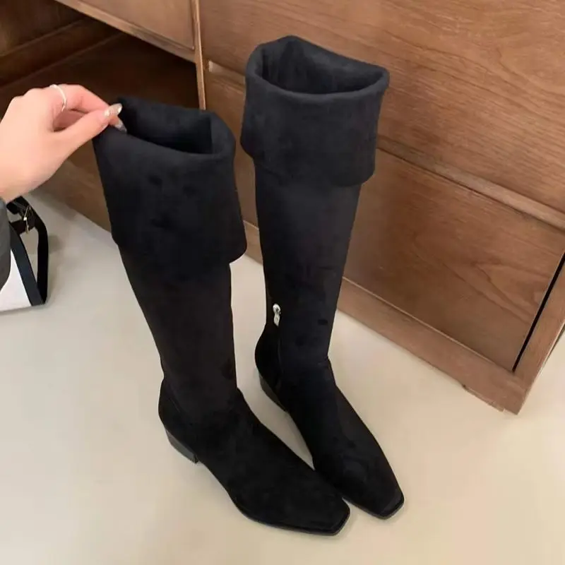 Black Thigh High Boots Low Heels Autumn Winter Brown Shoes Comfort Long Boots For Woman Two Ways to Wear It Ladies Shoes view 4