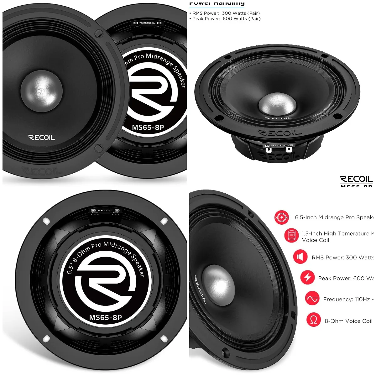 

6.5' Midrange Car Speakers, 600W Max, 8Ohm, Kapton Voice Coil, Premium Door Speakers (Pair)