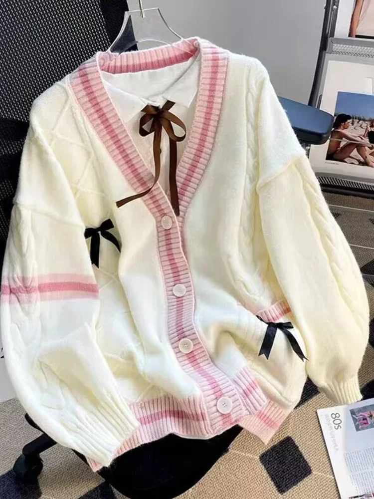 Cardigan lavorato a maglia con fiocco dolce Y2k estetico tutto abbinato cappotti di colore a contrasto moda monopetto donna Kawaii JK maglioni