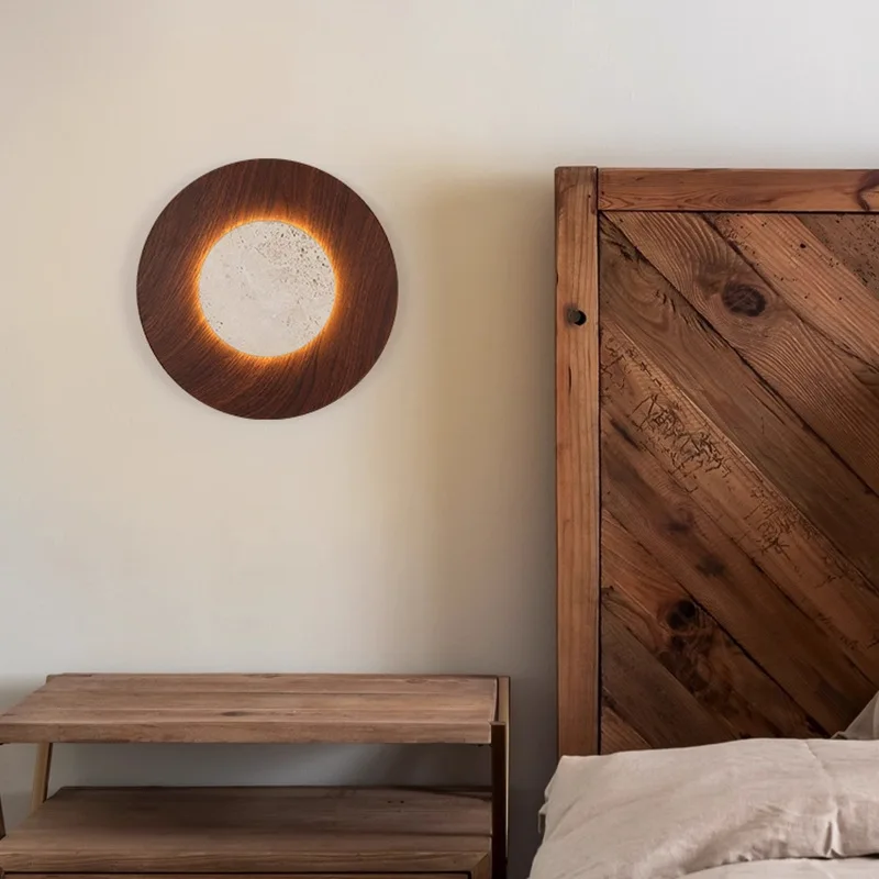 Japanese Retro Wall Light Circular Yellow Cave Stone Design LED Lamp for Living Room Decoration Bedroom Bedside Lighting Fixture