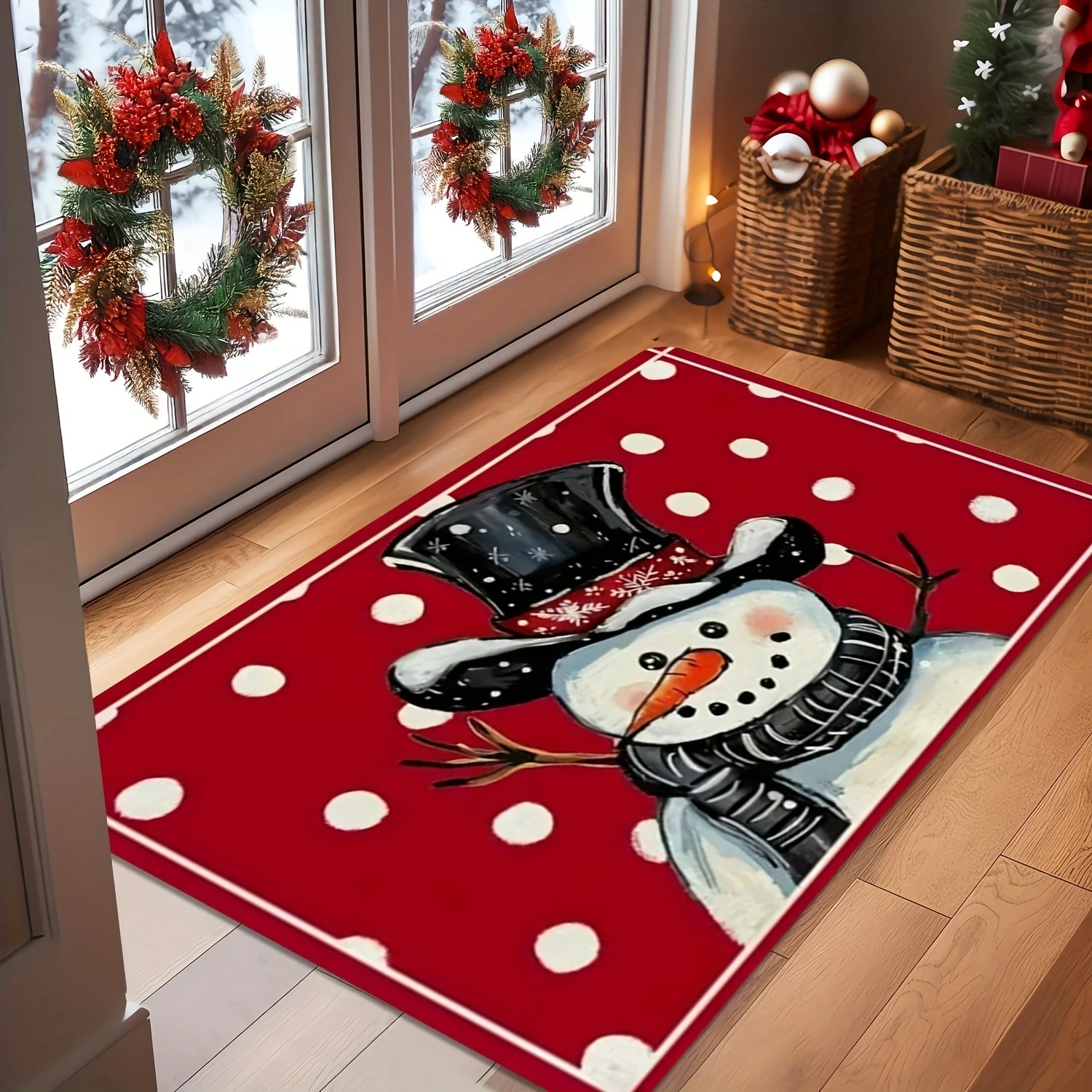 Christmas Doormat Santa Claus Snowman Gift Snowfall Welcome Mat Winter Holiday Floor Rug