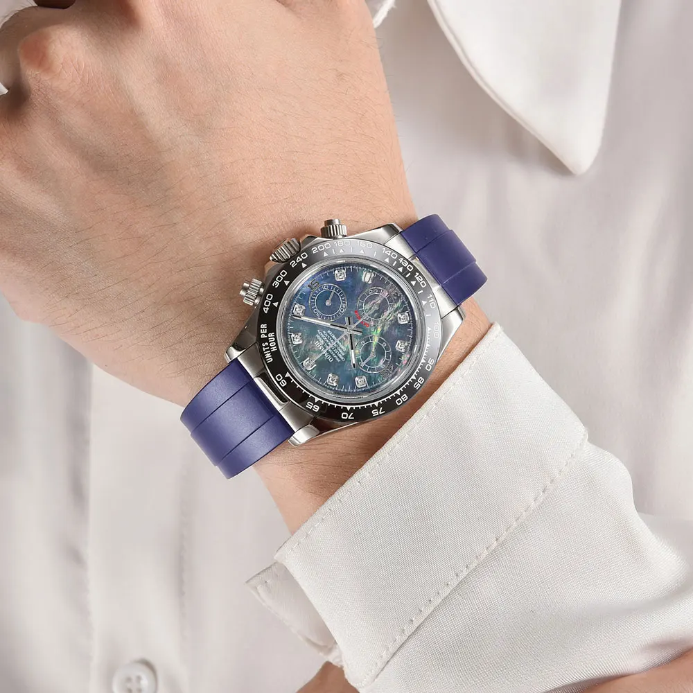 39 มม.เงินนาฬิกาข้อมือผู้ชาย VK63 การเคลื่อนไหวควอตซ์ chronograph Sapphire Glass ยางหรูหราธุรกิจผู้ชายนาฬิกาที่กําหนดเอง