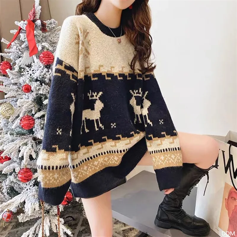 Women Autumn and Winter Korean Style New Crew Neck Sweater Christmas Fawn Printing Splicing Loose Casual Warm Long-sleeved Tops