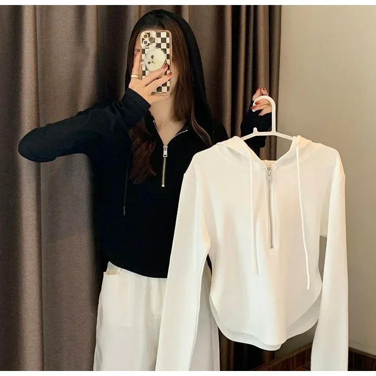 

Pop Short Hooded Half Zipper Sweatshirt Women's Autumn Winter Pure Desire Asymmetrical Slimming Long Sleeve Top Hot Girl