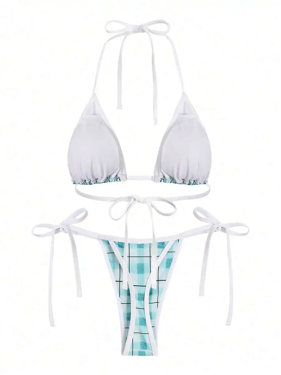 

Women Blue And White Plaid Halter Tie Bikini Set For Beach Holiday Party