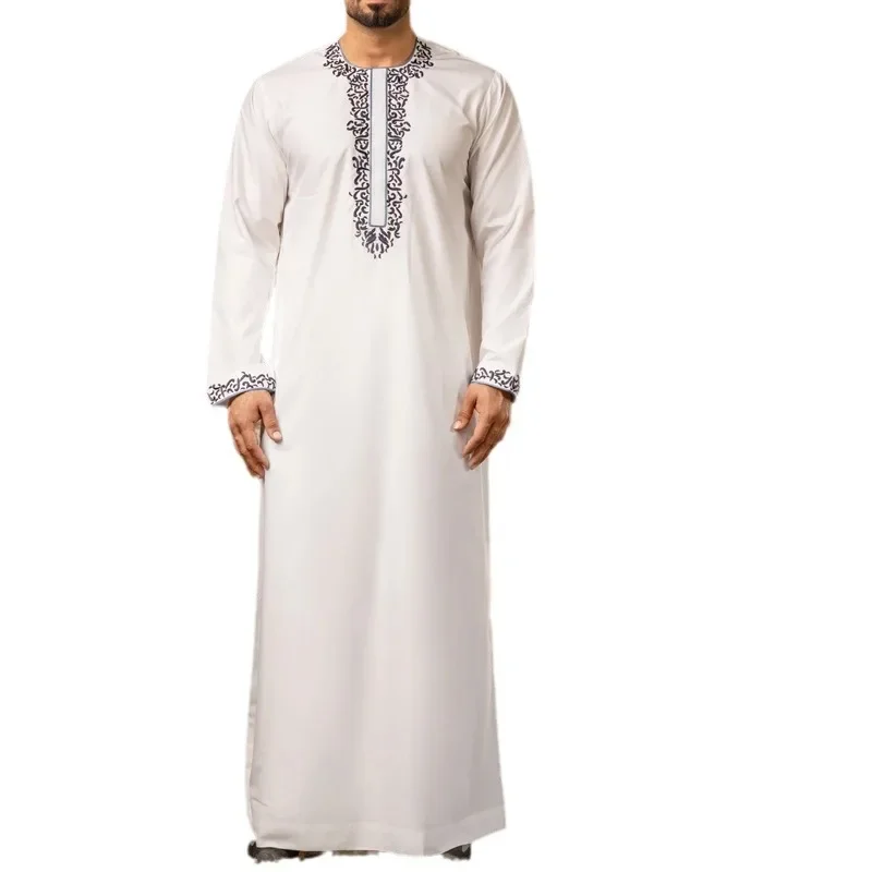 Men New Long Robe Jubba Thobe Gown Embroidery Pullover Long Sleeve Abayas Men Muslim Morocco Dubai Spliced Spring Traditional