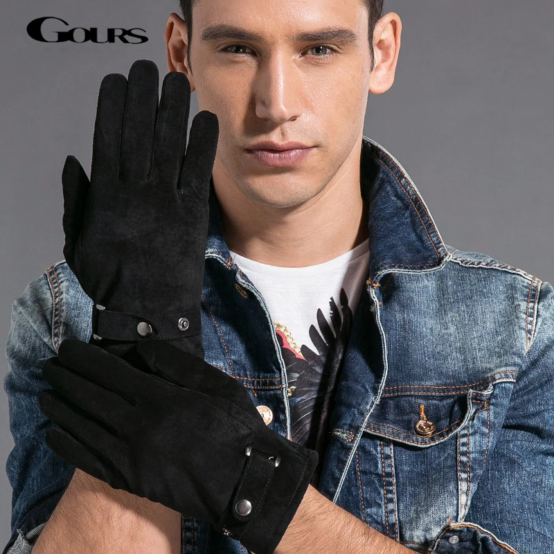 GOURS Winter Real Leather Gloves Men Black Genuine Suede Pigskin Gloves Thin Lined Warm Soft Fashion Buttons Driving New GSM001