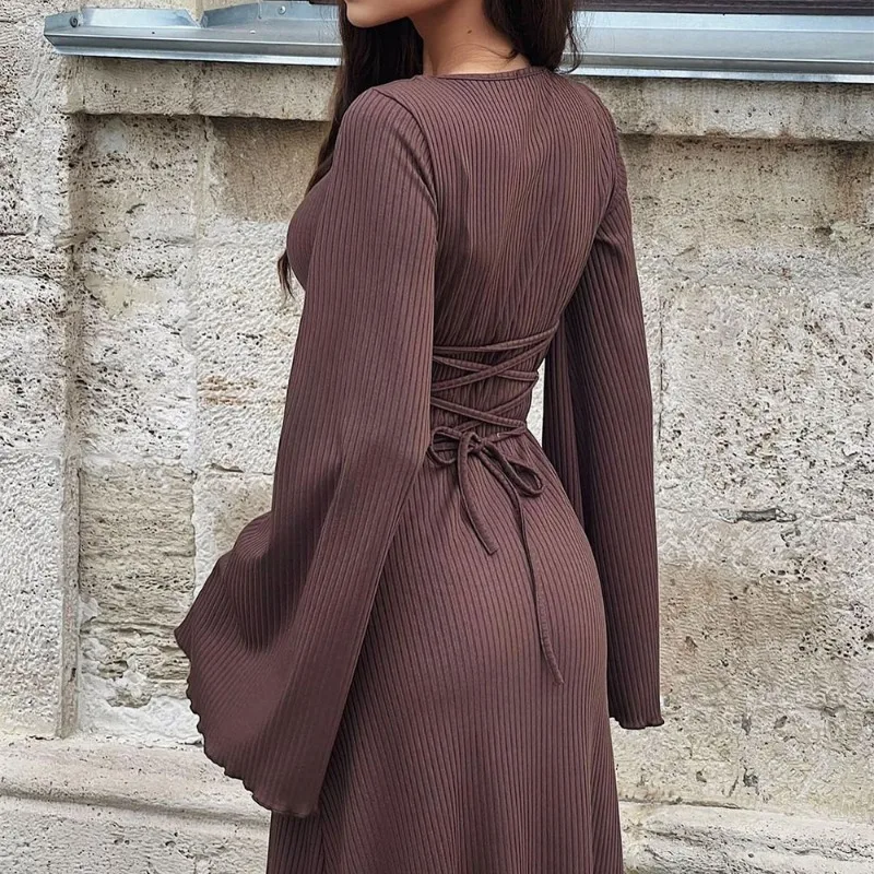 Talenza Fashion Lace Up Long Sleeve Long Dress Women\'s Elegant Solid Color Evening Dress Slim Pullover Casual Summer Long Dress