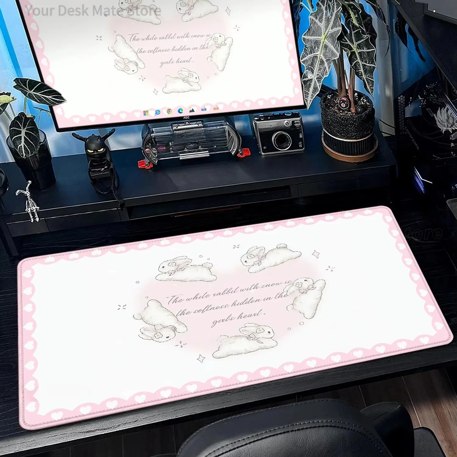 Cute Kawaii Bunny Sheep Large Desk Mat Sweet Pink Lace Bow Pattern Mouse Pad Non‑Slip Rubber Base Keyboard Mat for Office Decor