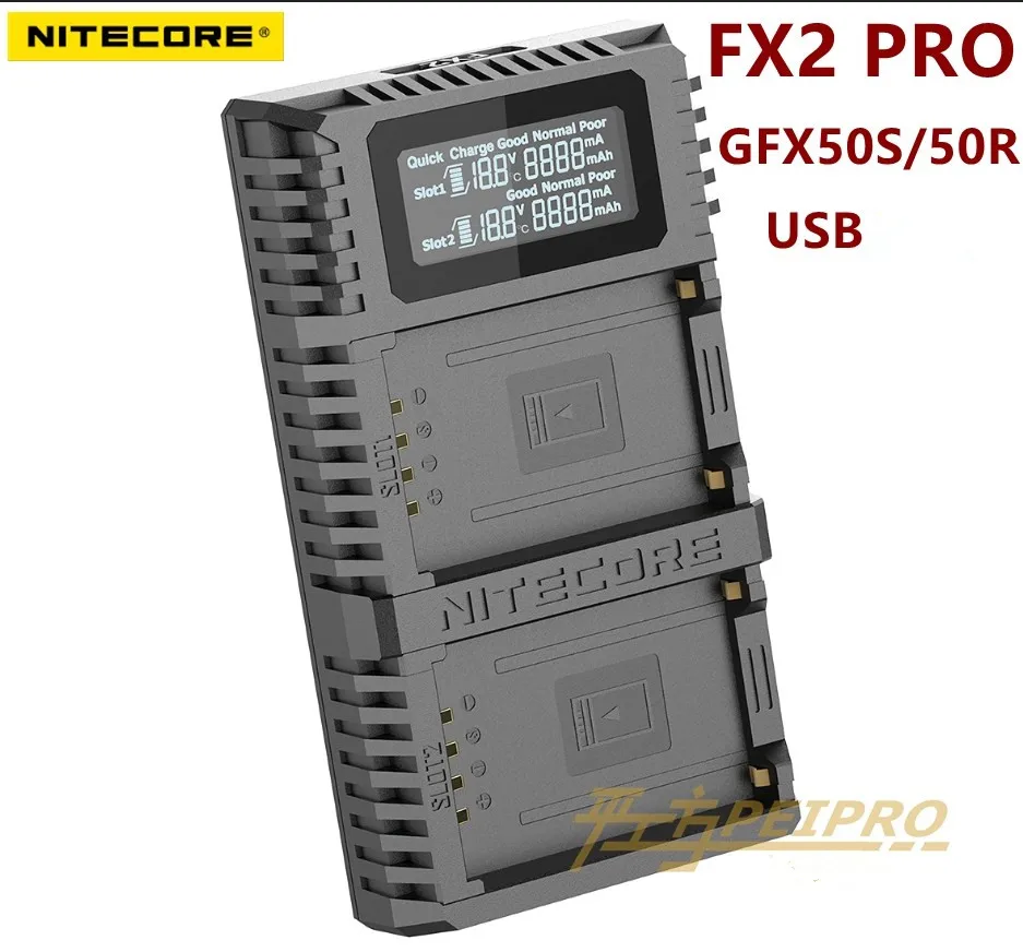 

Nitecore FX2 PRO Dual Slot USB QC Charger For Fujifilm GFX50S/50R Compatiple with NP-T125 Camera batteries