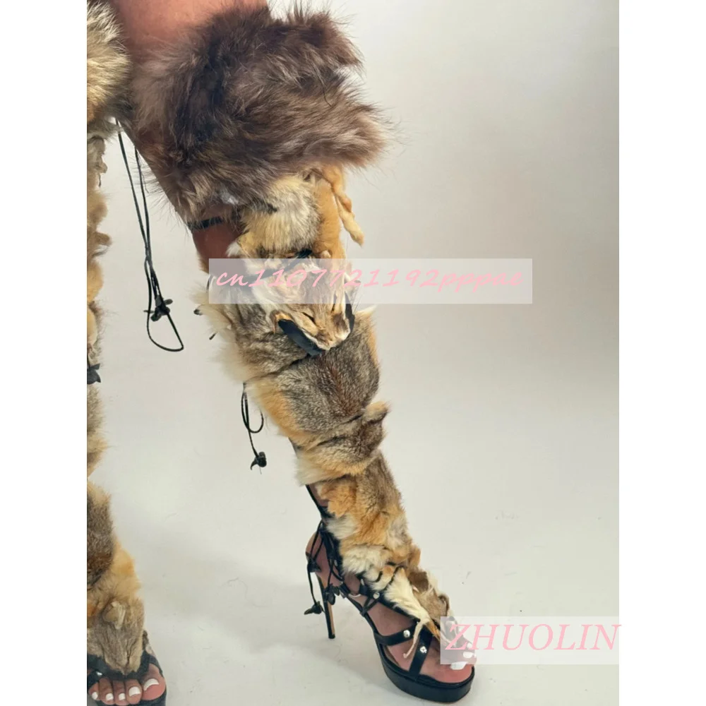 

Vintage Cross-Strapped Furry Platform Shoes For Women Party Stilettos Sandals Boots Summer Open-Toe Nightclub Gladiator Heels 46