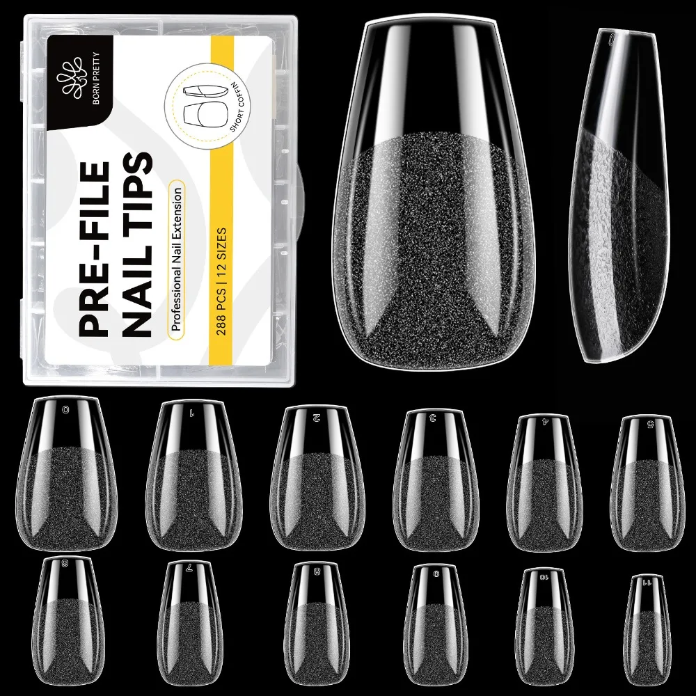 

288 Pcs Acrylic Short Almond Nail Tips Matte Full Cover Pre-shape Clear Nails Tips Clear Moderate Almond False Nails Tips