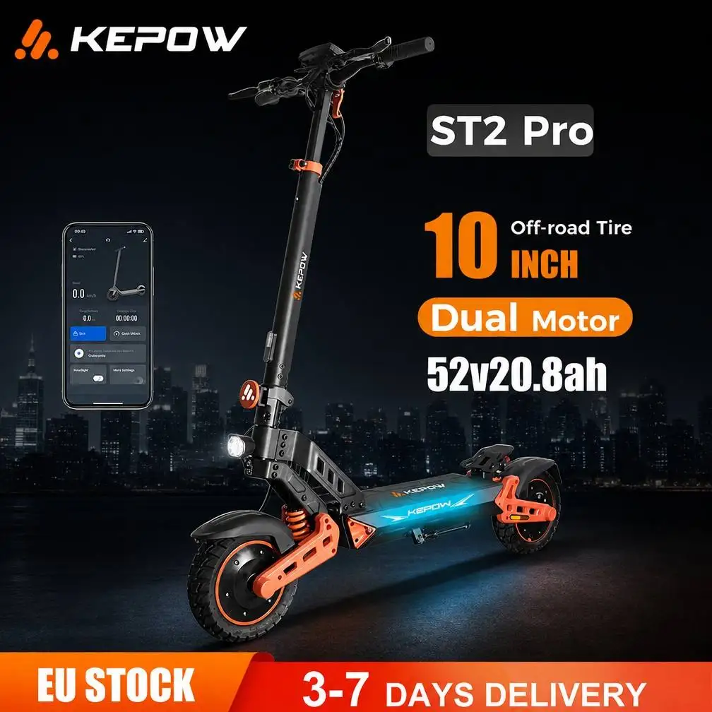 Monopattino Elettrico KEPOW ST2 Pro Dual Motot 2000W 52V 20.8Ah Pieghevole Fuoristrada per Adulti con Doppia Sospensione, Doppio Freno, Controllo APP, Autonomia 50-70KM, Magazzino in Pianura