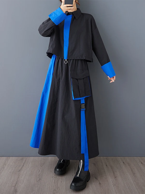 

Модный комплект из двух предметов: укороченный топ на молнии с цветными блоками, большим карманом и поясом, и юбка с поясом, женский, хлопковый, с воротником.