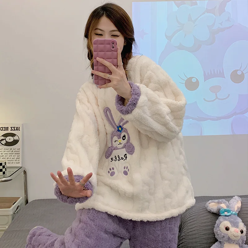 Autumn and Winter Pajamas Ladies Flannel Homewear 2023 Round Neck Long Sleeve Warm Lovely Embroidered Rabbit Can Be Worn Outside