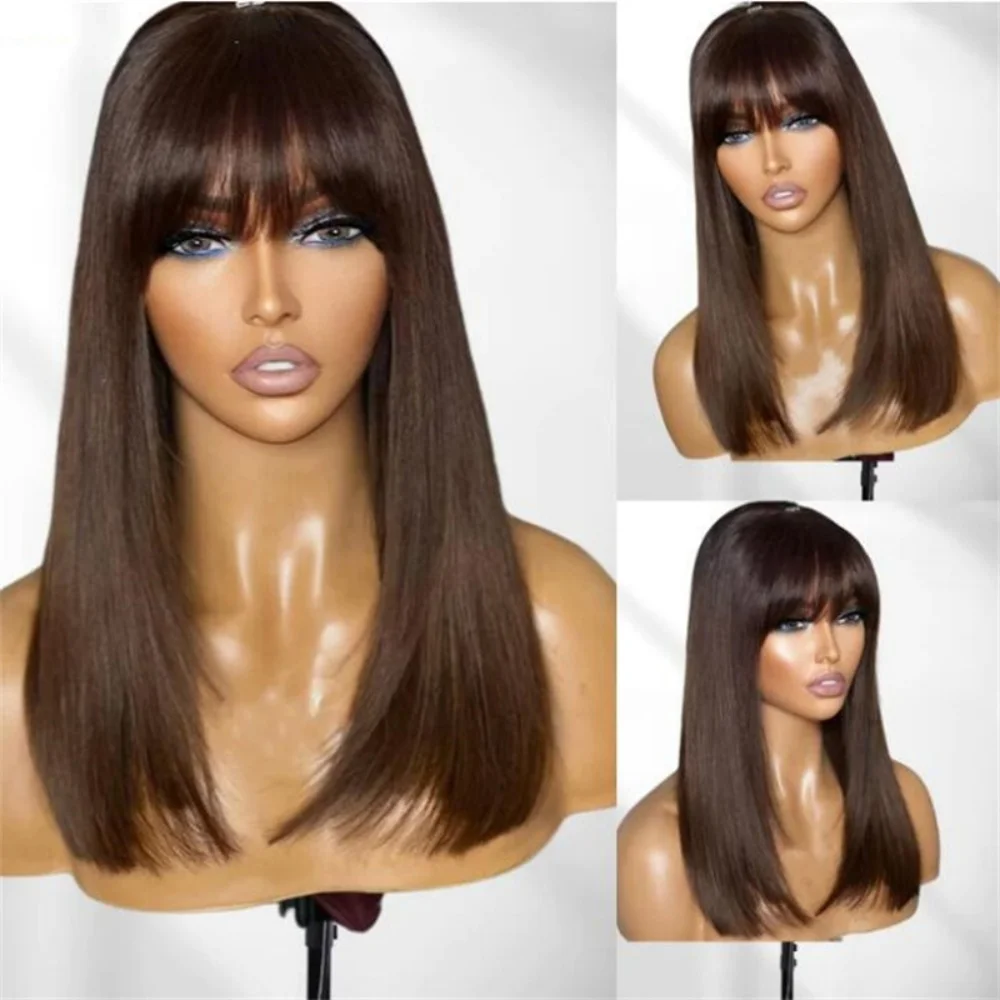 

Brown With Bangs Glueless Soft Long Straight 5x5 Silk Base Jewish Human Hair With BabyHair HD Lace European Hair Preplucked