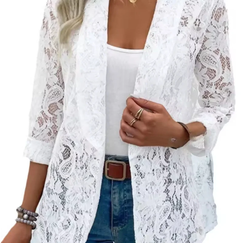 T-shirt da donna sexy in pizzo a maniche lunghe tinta unita cava Top primaverile versatile ed elegante da strada alla moda