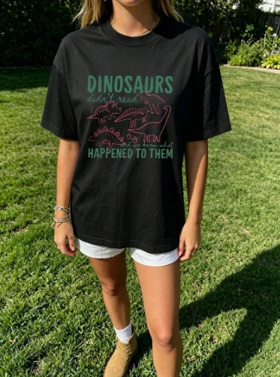 2026 Fashion New Preppy Teacher Shirt Funny Dinosaur Reading Graphic Tee Back To School Women Summer Casual Short Sleeve Cute Librarian School Basic Top Tee