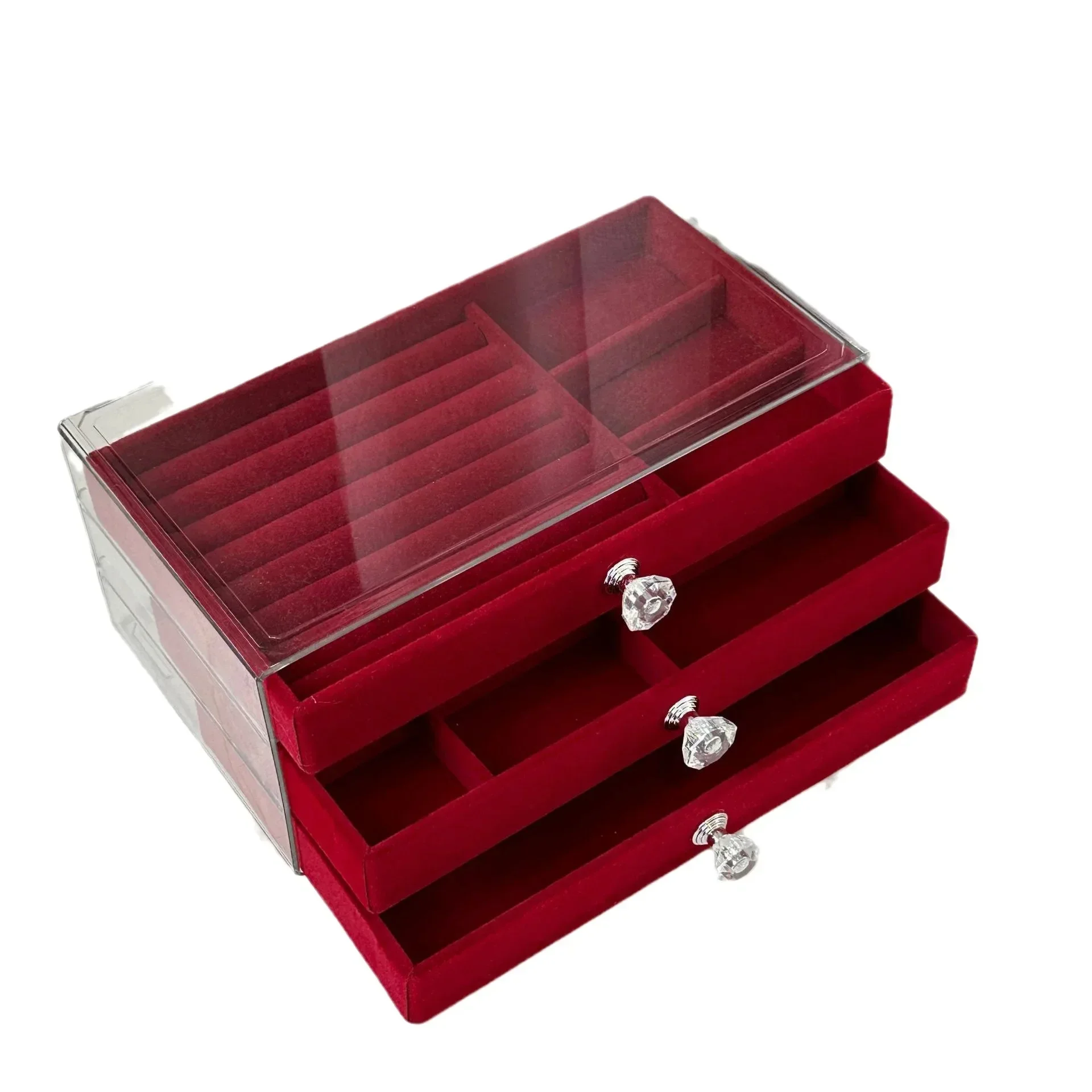 Elegant Wine Red Jewelry Box Flannelette Storage Case Earrings Display Dustproof Drawer Makeup Organizer Jewelry Display