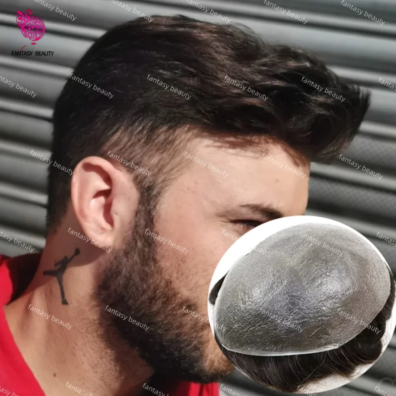 

Invisible PU Brown Grey Human Hair 80% Density 0.02mm Super Thin Skin Full PU Toupee For Man Undetected Men Capillary Prosthesis
