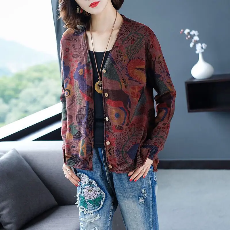 Spring Autumn V-Neck Cardigan Vintage Printed Single-breasted Fashion Long Sleeve Elegant Loose Knitted Sweaters Female Clothing