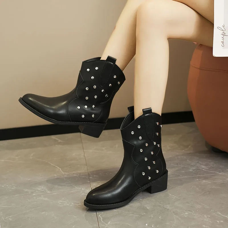 Women Rivet Decor Western Boots Sexy Round Headed Versatile Women Bare Boots Suede Fashion 2024 Autumn Winter Women Dress Shoes