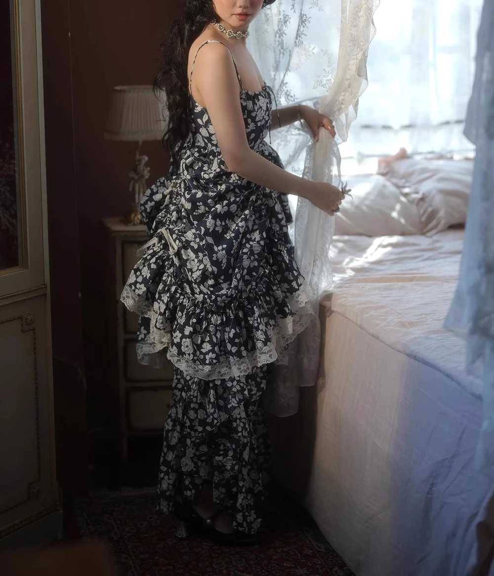 Floral impresso em camadas babados elegante vestido feminino sem mangas amarrado roupas de espaguete senhora streetwear chique vestidos bodycon