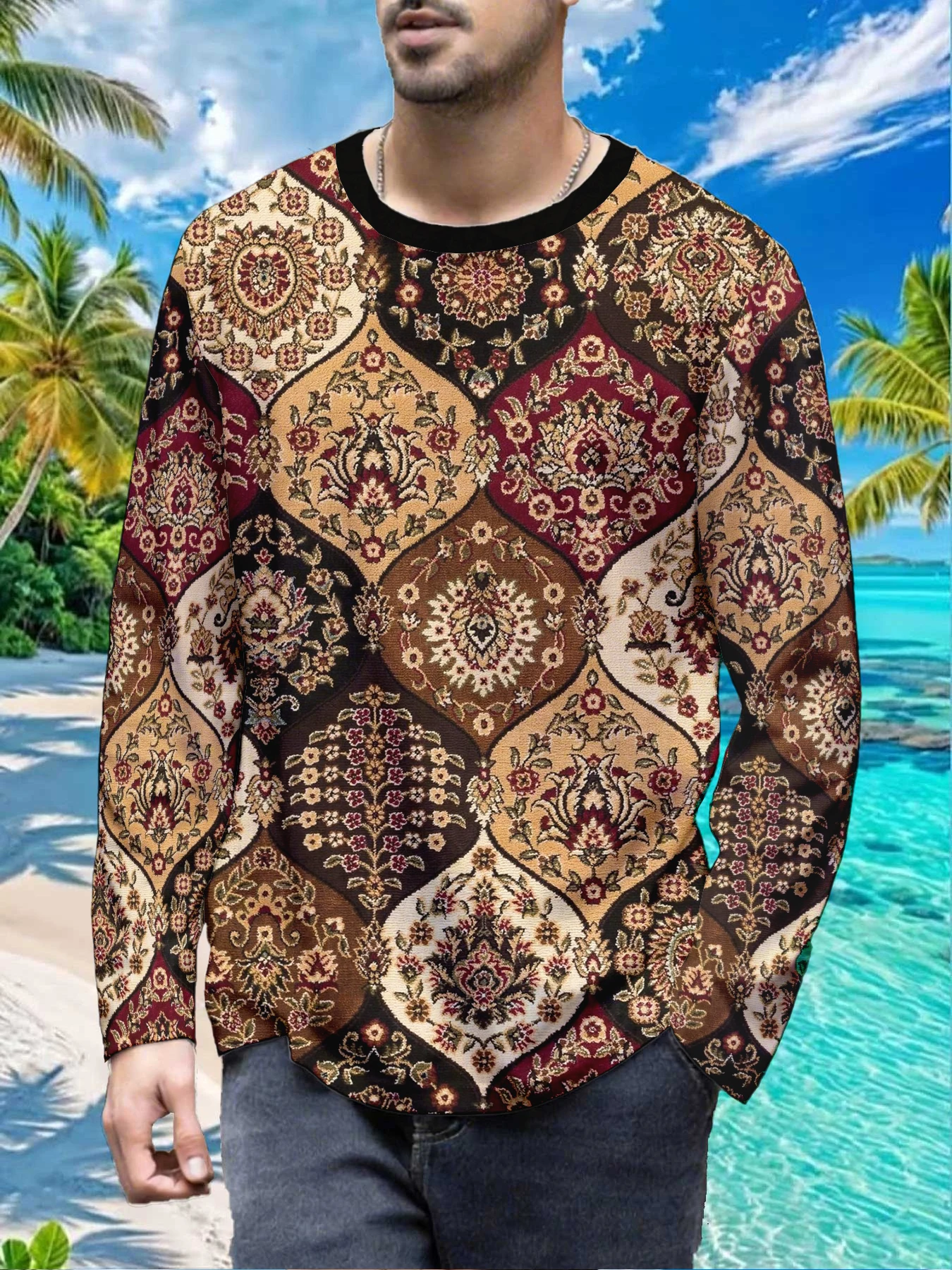 Vintage Ethnic Carpet Floral Boho Mens Polyester Long Sleeve T Shirt Persian Medallion Pattern Print Graphic Tee Casual Winter L