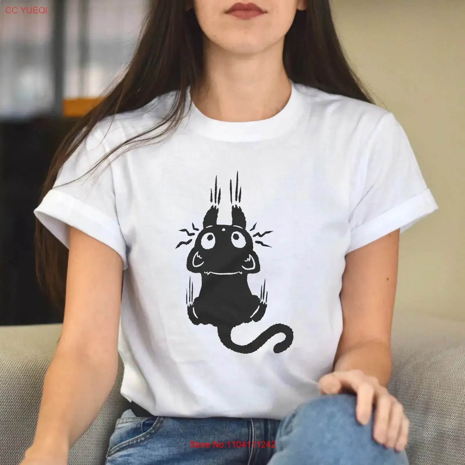 Y2K 90S Clinging Scary Cat Tomcat Leaving Scratch Marks T Shirt vintage Washed Stylish Breathable Casual streetwear