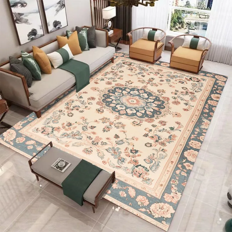 Modern Chinese Floral Area Rug Boho Vintage Luxury Style Home Decor Carpet Soft Non-slip Floor Mat for Living Room Bedroom