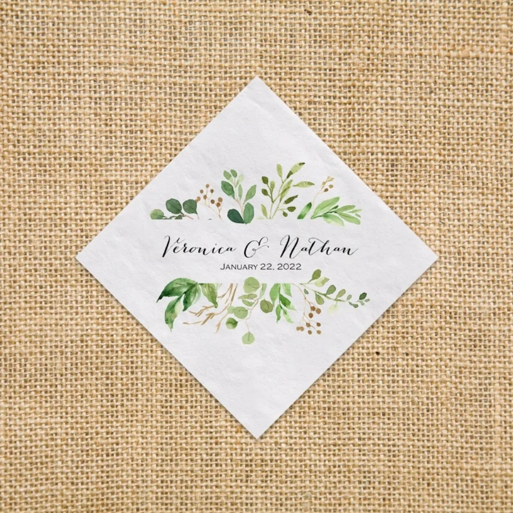 

50 Pcs Wedding Greenery Beverage Napkin Cocktail Personalized Paper Napkins, Watercolor Greenery Dinner Cocktail Napkins