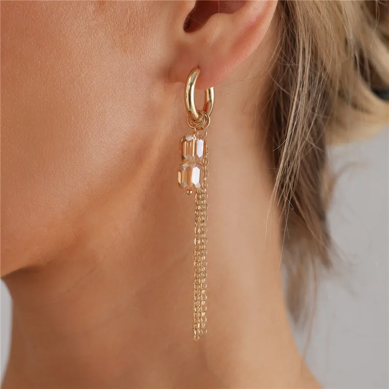 Asymmetry Golden Hoop Earrings with Heart Pendant for Women Wedding Fashion Crystal Tassel Chain Dangle Earring aros mujer oreja