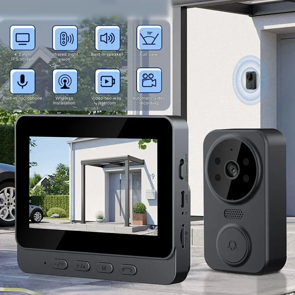 

4.3" Screen Wireless Video Doorbell Phone Security Camera Door Bell Smart Home Remote Monitoring Bidirectional Intercom