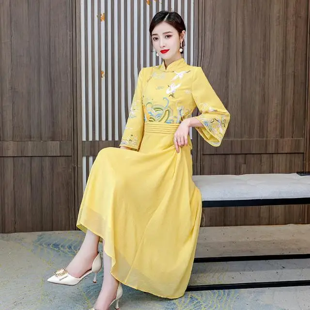 Yourqipao Moeder Kleding Chinese Cheongsam Jurk Vrouwen Opstaande Kraag Dans Peformance Jurken Lange Qipao Catwalk Avondjurk