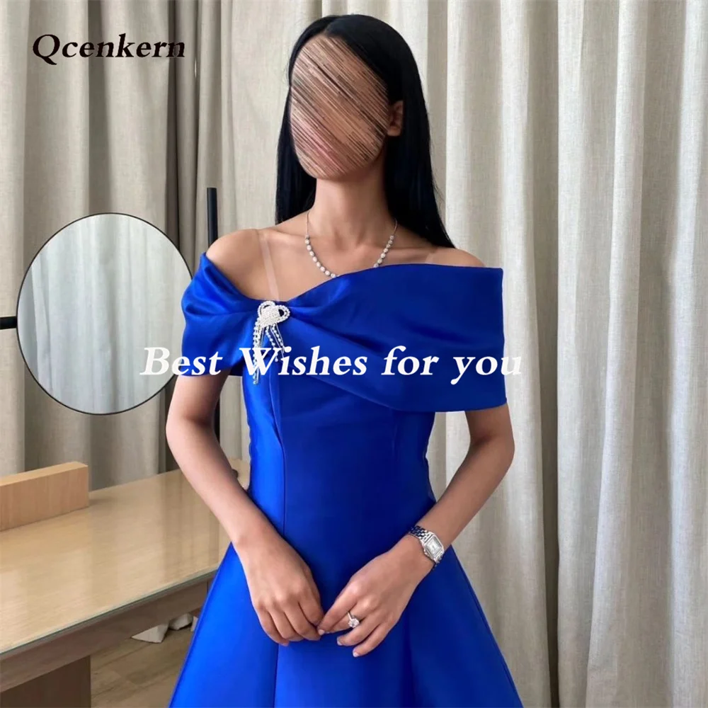 Qcenkern-Robes de soirée en satin bleu sans bretelles pour femmes, robes élégantes A-Line, robes de soirée formelles, quelles que soient les femmes initiées, 2023